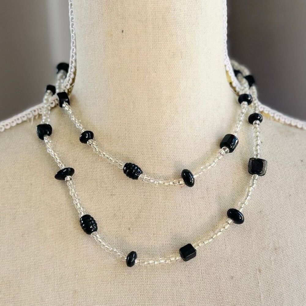 Handcrafted Clear Silver With Black Vintage Beads Long Beaded Wrap Necklace Brac